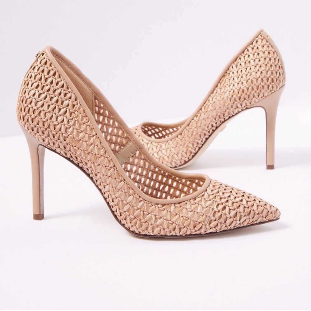 Sam Edelman Hazel Pointed Toe High-Heel Pumps in Warm Tan Raffia Size 7.5